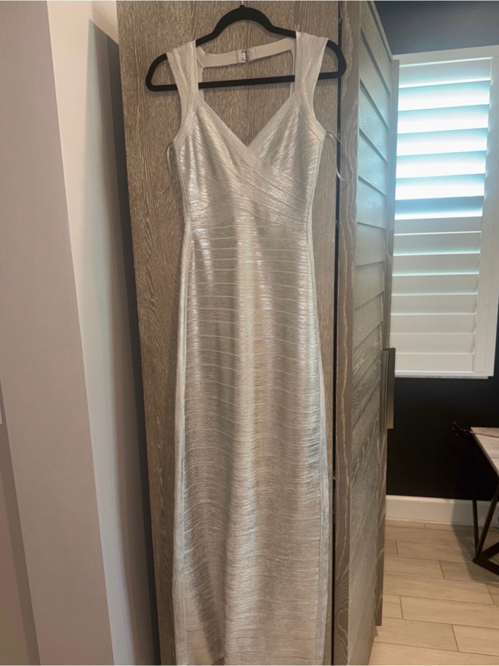 Herve Leger Metallic Silver Ruched Maxi Gown - Picture 4 of 6